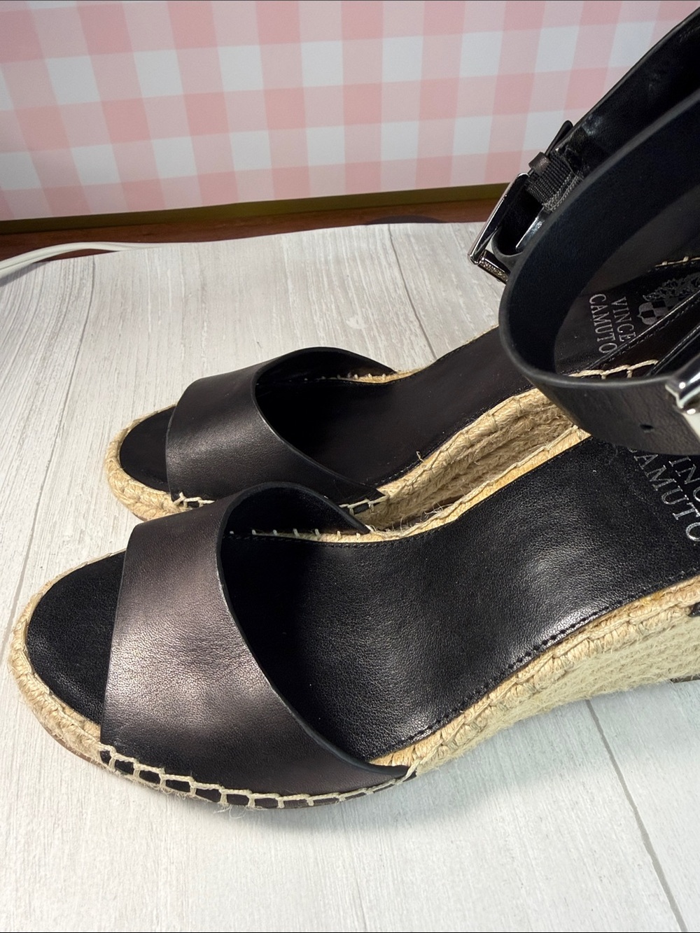 Vince Camuto Black Leather Espadrille Wedge Sandal with Ankle Strap - Picture 8 of 15
